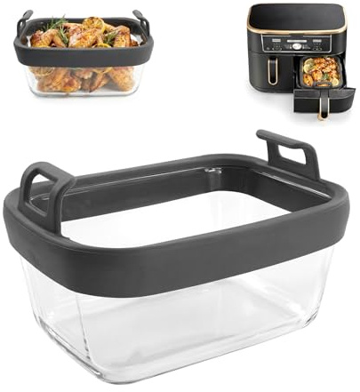 Glass Air Fryer Liners with Silicone Handles for Ninja AF400UK, 1 Pack | Reusable Heat Resistant Airfryers Tray for Ninja, COSORI and Other Common Models - BPA-free & Dishwasher-safe, 7.9x5.7inch