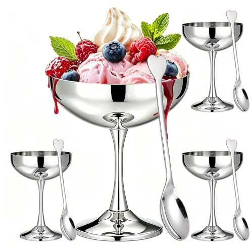 4 Stück Eisbecher Edelstahl 270ml mit 4 Edelstahl Löffel, Ø 10.5cm Dessertschalen mit Fuß, Ice Cream Sundae Dessertgläser für Obst Salat Joghurt Fruchtpudding Dessert für Party Hochzeit und Küche