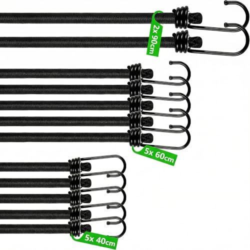 CUULANIX 12er Expander mit Haken, elastische Gepäckspanner in Langer & kurzer Ausführung, Extra Starke Spanngummis, mit Haken in 3 Längen für Camping, Outdoor, Gepäck, Zelte & Fahrräder