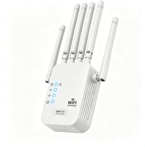 6-Antenna WiFi Signal Amplifier, Dual Band 2.4GHz & 5GHz, 2 LAN Ports, 360° Coverage up to 500 sq m, One-Button Setup & 3 Modes (Repeater/Router/AP) for Wider Coverage-1