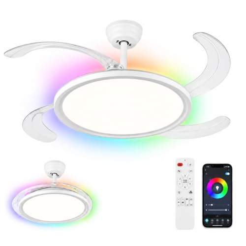 IEGLED Deckenventilator mit LED-Licht, Einziehbare Flügel 105 cm Durchmesser, 64W LED Deckenleuchte mit Ventilator, Leiser DC-Motor, RGB-Hintergrundbeleuchtung, Fernbedienung & App-Steuerung