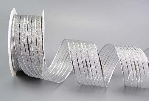 Dekoband Munich SILBER 20 m x 40 mm transparent Schleifenband gestreift Geschenkband mit Draht Streifen Drahtkantenband Weihnachten christmas ribbon metallic