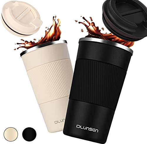 Dlunsen Thermobecher Kaffeebecher to go, Doppelwandig Reisebecher, Isolierung Edelstahl mit Auslaufsicher Deckel Isolierbecher Travel Mug, Kaffeetasse für Kaffee 500ml Schwarz