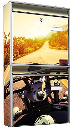 banjado Briefkastenanlage 2 Fach - 2 Briefkästen 36x64x10cm groß - Doppelbriefkasten Set - Namensschild, 2 Schlüssel, Montagematerial - Stahl verzinkt Silber - Motiv Easy Rider