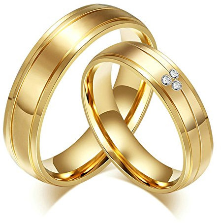 Gualiy Ring Paar Set Herrenring Siegelring, Herren Ring 6MM Edelstahl Ring Zirkonia Gold, Damen 52 (16.6) & Herren 54 (17.2)