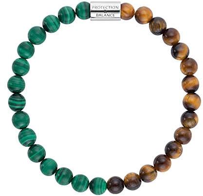 Engelsrufer Damen Stretch-Armband aus Sterling Silber mit 30 echten Edelstein Perlen Malachit und Tigerauge - Protection & Balance Gravur - nickelfrei - Größe: M
