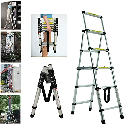 Escalera telescópica Plegable de 2,5 m + 2,5 m, Marco A, 8+8 peldaños, de Aluminio, Extensible, portátil, Extensible, Escalera, Antideslizante, 150 kg, Capacidad de Carga EN131