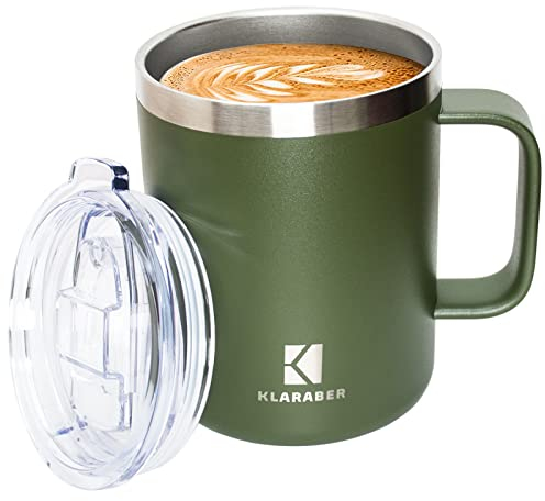 Klaraber Thermal Mug, Insulated Coffee Mug with Handle and Lid, Insulated Camping Mug, Double Walled Stainless Steel Beer Mug, Spill Proof, Reusable, 350ml / 12oz(Green)