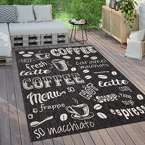 Paco Home Outdoor Teppich Wetterfest Wohnzimmer Balkon Küchenteppich Modernes Muster Mit Schriftzug, Grösse:160x220 cm, Farbe:Anthrazit 3