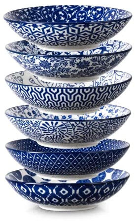Selamica Keramisk 850 ml stora pastasalladsskålar 20 cm breda och grunda soppskålar, stapelbara, mikrovågsugns- och ugnssäker, set med 6, vintage blå