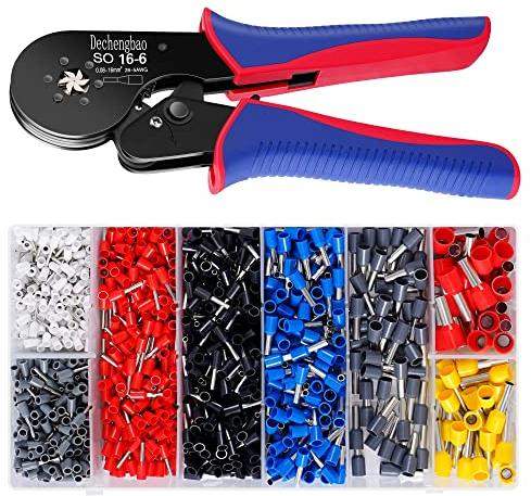 Aderendhülsen-Crimpwerkzeug-Set, selbsteinstellende Sechskant-Draht-Crimpzange für 0,08–16 mm² mit 1200 Stück roten Kupferdraht-Endklemmen, Ratschen-Draht-Crimpwerkzeug-Draht-Endhülsen