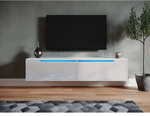 SONNI TV-Schrank mit LED (16 Farben), Hängend/Stehend, Weiß, 140x35x30cm | Fernsehtisch Hochglanz für Fernseher bis zu 55 Zoll, Lowboard mit 2 Klapptürfach, TV-Regal für Wohnzimmer, Schlafzimmer