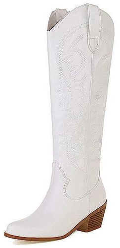 CRETUAO Botas Altas hasta la Rodilla Occidentales Bordadas Mujer,Botas largas tacón Grueso con Punta Puntiaguda a la Moda,Botas Vaqueras tacón Medio con Mariposa clásica Retro,Blanco,44 EU
