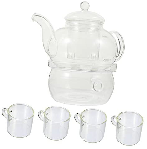 BESTonZON Glas Teekanne Mit Kerzenwärmer Und Hitzebeständigen Glastassen Chinesisches Gongfu Teeservice Mit Integriertem Sieb Leichtes Platzsparendes Teebereiter Kräuter Früchtetee