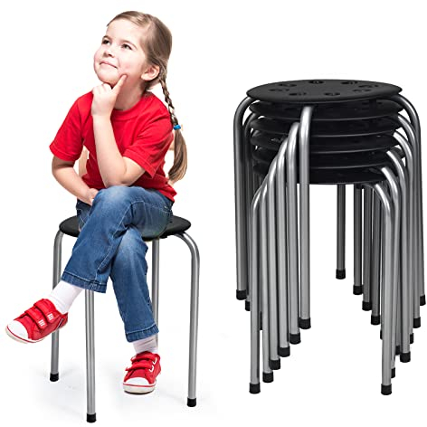 RELAX4LIFE Stapelhocker 6er Set, Esszimmerhocker Stapelbar, Sitzhocker mit X-förmigem Metallrahmen, Küchenhocker Rund, Metallhocker für Esszimmer Wohnzimmer Kinderzimmer, 45 cm Höhe (Schwarz+Grau)