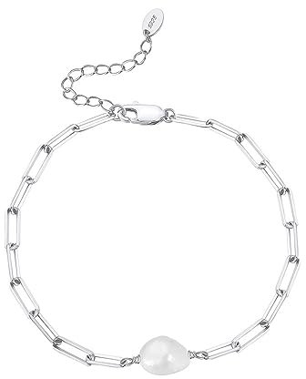 KnBoB Armkette Damen Silber 925, Armband Perle Büroklammer Kette Schmuck 23 cm