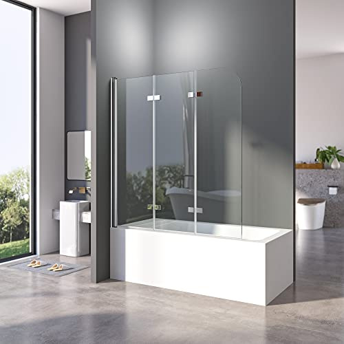 Duschwand für Badewanne 120 x 140 cm 3-teilig Faltbar Duschwand Silber Duschabtrennung Falttür Badewannenwand Trennwand mit 6mm Nano Glas