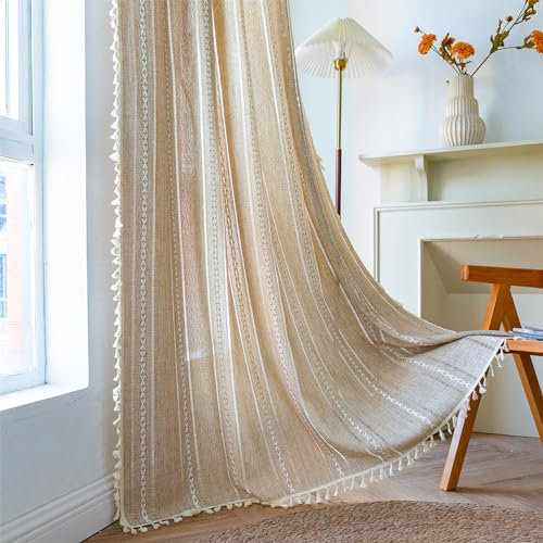 Freyamy Vintage Gardinen Halbtransparent Landhausstil Gelb Vorhänge mit Kräuselband,Outdoor Gardinen Baumwolle Leinen mit Quasten Stabtaschen-Design Schlafzimmer Vorhang 2x240x150cm (HxB)