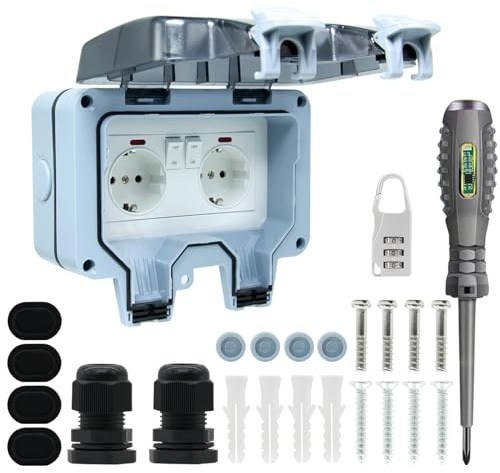 Outdoor Socket Waterproof Socket IP66 Double with Switch Indicator Light, Wall Socket Wet Room Surface-Mounted Protective Contact Garden Socket Dustproof Weatherproof Outdoor Socket with Hinged Lid