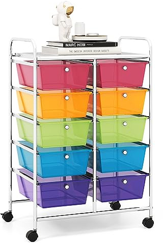 GOPLUS Rullvagn med 10 lådor, stapelbar, rullbehållare med hylla och metallram, badrumshylla, förvaringsvagn, för kontor, hem (transparent färgglad)