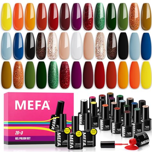 MEFA UV Nagellack Set, 23 Stück Gel Nagellack Uv mit Base und Top Coat Matte, 20 Farben Braun Rot Glitzer Orange Nude Grüne Gellack, Soak Off UV Nägel Gellack für Nageldesign
