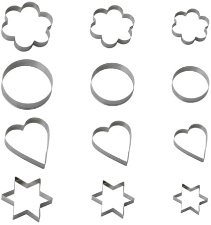 Tabanzhe 12 PCS Stainless Steel Metal Biscuit Pastry DIY Molds,Kitchen Baking Accessories,Heart Circle Flower Star Shaped Small Cookie Cutters Set,for Birthday Christmas Valentine's Day, 2304-70B