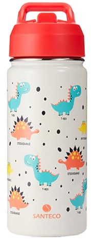 SANTECO Trinkflasche Kinder Edelstahl 500ml mit Strohhalm, Kinder Thermosflasche BPA-frei Wasserflasche Einfach zu Säubern, Thermoskanne Jungen Mädchen für Kindergarten Schule - Dino