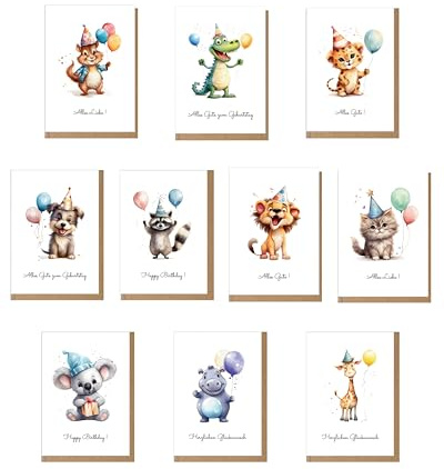 DwieDeko® Geburtstagskarten Set für Kinder inkl. Umschläge – Süße Geburtstagskarte mit Tiere zum 1. Geburtstag für Junge u. Mädchen | Glückwunschkarten Kindermotive - niedliche Karten