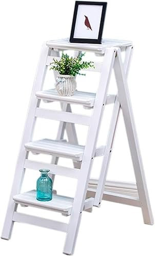Klappbarer Holzleiter mit 4 Stufen, multifunktional, tragbar, hoher Hocker für den Innenbereich, Klettern, Bibliothek, Küche, Büro, zusammenklappbar, mit Treppen-Design