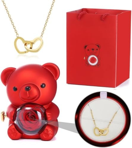 Eeiiey Engraved Heart Necklace - With Real Rose Bear Giftbox, Preserved Rose Gifts Set,Preserved Rose Hug Bear Gifts with Heart Necklace,Eternal Rose Flowers Bear Gifts,for Mom,Wife,Girlfriend (Red)