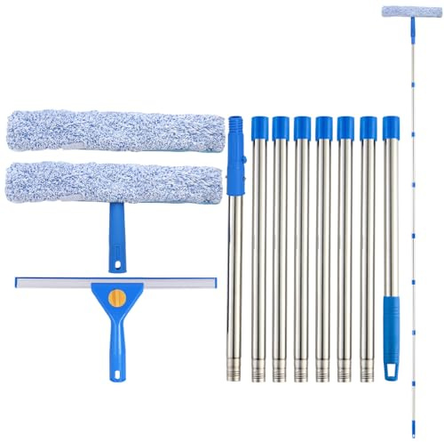 10Ft Window Cleaning Kit with Extension Pole, 14 Squeegee and 15 Scrubber with Long Handle, Window Cleaner Tool Washing Equipment for Outdoor High Windows Glass