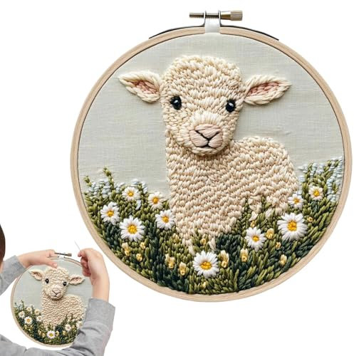 Generisch Kit de agujas de punzonado, kit de agujas de punzonado, kit de bordado de ovejas, proyectos de arte con instrucciones de hilo de hilo, hilo de aro, manualidades para principiantes