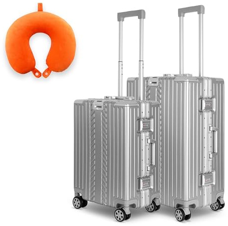 WINLIFE SPARSET M+L Reisekoffer Alu-Rahmen mit ABS + Orange Nackenkissen & TSA Nummern-Schloss Handgepäck M(53cm)+Checkin-Trolley L(65cm) Hartschalenkoffer | Silber