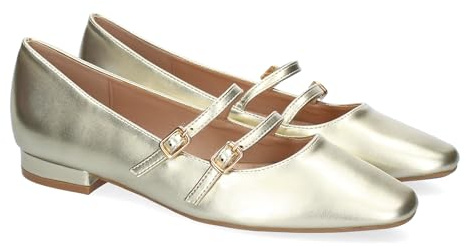 shoes&blues.es 92256 Zapato de Mujer Tipo Bailarina Francesita con Elegante Diseno y Doble Cierre de Hebilla con Punta Fina, Ideal para Llevar en Cualquier Ocasion. Oro Talla 39