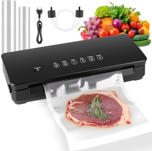 YIERRY 120W Power Vacuum Sealer for Food, Food Sealer Machine with 5 Molds include Dry, Moist, Pulse, Seal, Canister, Accessory, Built in Cutter & Vacuum Bags Storage, with 1 Bag Rolls