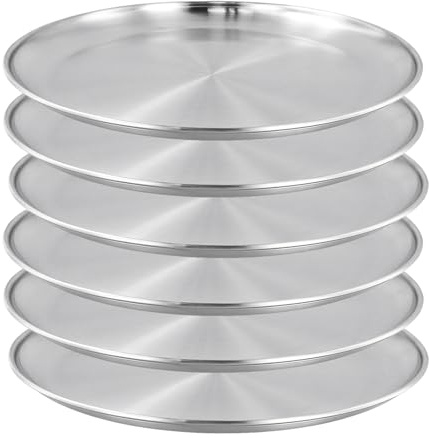 CHUIFAI Lot de 6 Assiettes en Acier Inoxydable 30 cm - Assiettes Rondes Plates pour Camping, Pique-nique, Barbecue, Pizza - Vaisselle Inox Incassable et Légère