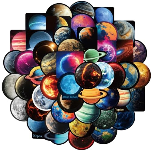 50Pcs Planet Stickers for Kids Teens – Solar System Galaxy Decals for Journals Water Bottles Laptops DIY Scrapbooks Astronomy Science Enthusiasts Glossy Black Design