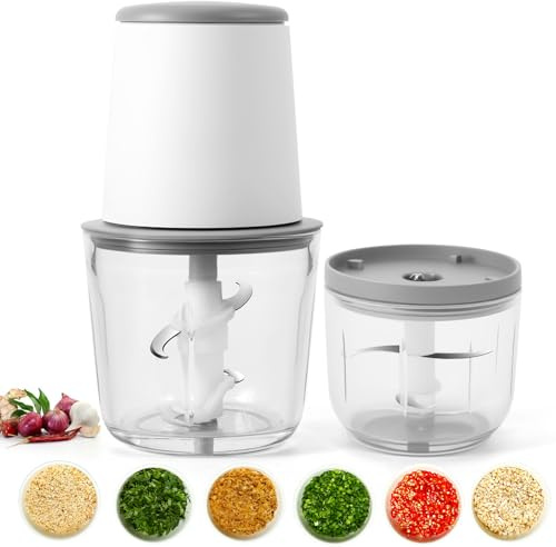 Hachoir électrique 400 ml/600 ml avec 2 récipients en verre, mélangeur de charge USB 37 W avec 4/6 lames pour viande, oignons, ail, fruits, légumes