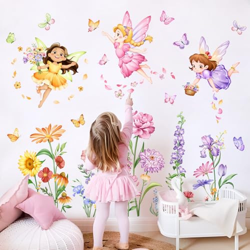 Tanlaby Wandtattoo Fee Blumen Wandsticker Schmetterling Elfen Blume Wandaufkleber für Kinder Wandtattoo Mädchen Kinderzimmer Mädchenzimmer Wohnzimmer Schlafzimmer