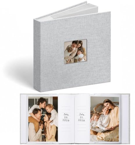 Vienrose Linen 6x4 Photo Album with Cover Window 48 Pockets, Light Grey | linen cover, memo writing space, acid free pages, fits wedding family baby occasions, memory book