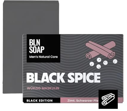 Black Spice Feste Männerseife: Natürliche Seife für Männer, Hand, Körper & Haare, Körperseife Aktivkohle, Zimt & Pfeffer Mann, Shampoo Vegan, 3-in-1 Duschseife Herren, Festes Duschgel, 135 g, BLN SOAP