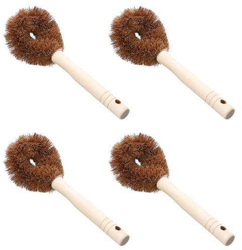 WHAMVOX 4Pcs Long Handle Coconut Coir Dish Brushes with Wooden Handles for Kitchen Sink, Pan and Pot Cleaning, Oil-Resistant Scrubbing Brushes for Tough Stains