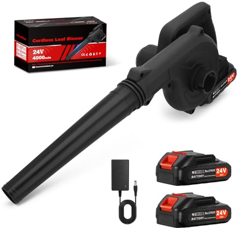Ykall Soplador de Hojas Inalámbrico 24V – Potente y Ligero, con 2 Baterías y Cargador, Ideal para Jardín, Patio, Césped, Nieve, Polvo y Pelo de Mascotas (Negro)
