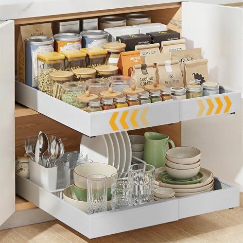Housolution 2 Pièces Tiroir Coulissant Etagere Telescopique Cuisine | Largeur Extensible de 30cm à 50cm, 52 cm de Profondeur, Rangement Etagere Coulissante pour Placard
