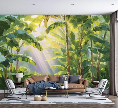 DACRWEKZ Papier Peint Bananier ensoleillé, Motif Papier Peint Soie Panoramique Style de peinture à l'huile de la jungle 250x175cm Wallpaper Pour Salon Chambre Deco Murale Jaune-vert