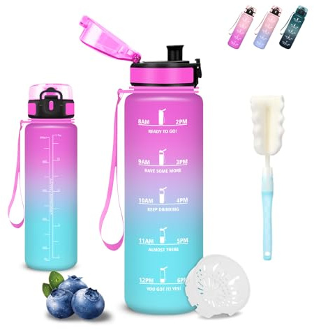 Mujigaga Botella Agua- 0.5l- Botella Agua Niños, A Prueba de Fugas, Cantimplora Infantil, Con Eslogan Motivador, Reutilizable, Cantimplora con Cepillo de Esponja, para la Escuela, Nadando, Deportes