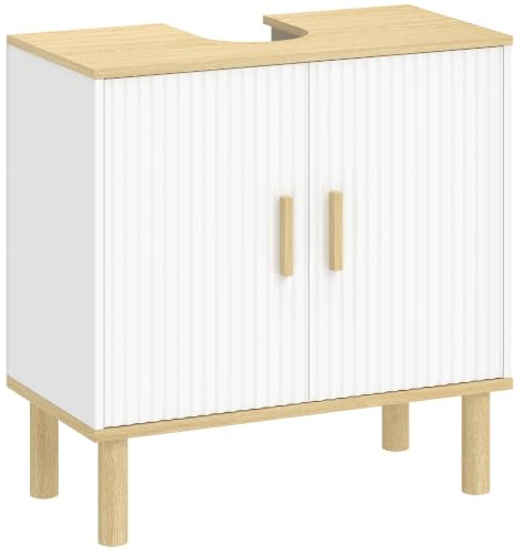 HOMCOM Meuble sous Lavabo 2 Portes Étagère Réglable 60 x 30 x 61 cm Blanc | Meuble de Salle de Bain, Armoire de Salle de Bains sous Lavabo, Style Moderne
