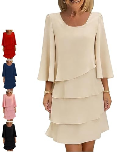 Vestido Elegante de Mujer con Mangas de Volantes en Capas, Vestidos con Volantes en Capas y Mangas 3/4, Vestidos Mini Holgados y fluidos con Cuello Redondo