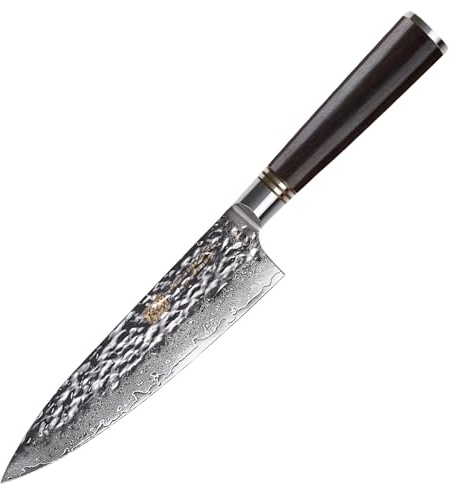 FINDKING Coltello da Chef Damasco 19 cm, VG-10, Stile Giapponese | Acciaio Damasco VG-10, Finitura Martellata, Manico in Ebano, Coltello Chef, Carne, Verdure, Frutta