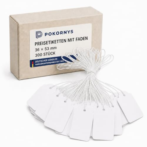 POKORNYS - 300 blanko Preisetiketten mit Faden (36 x 53 mm) weiß I Etiketten zum Beschriften I Preisschilder aus Karton mit Baumwollfaden I Anhänger, Hängeetikett & Geschenkanhänger für Kleidung uvm.
